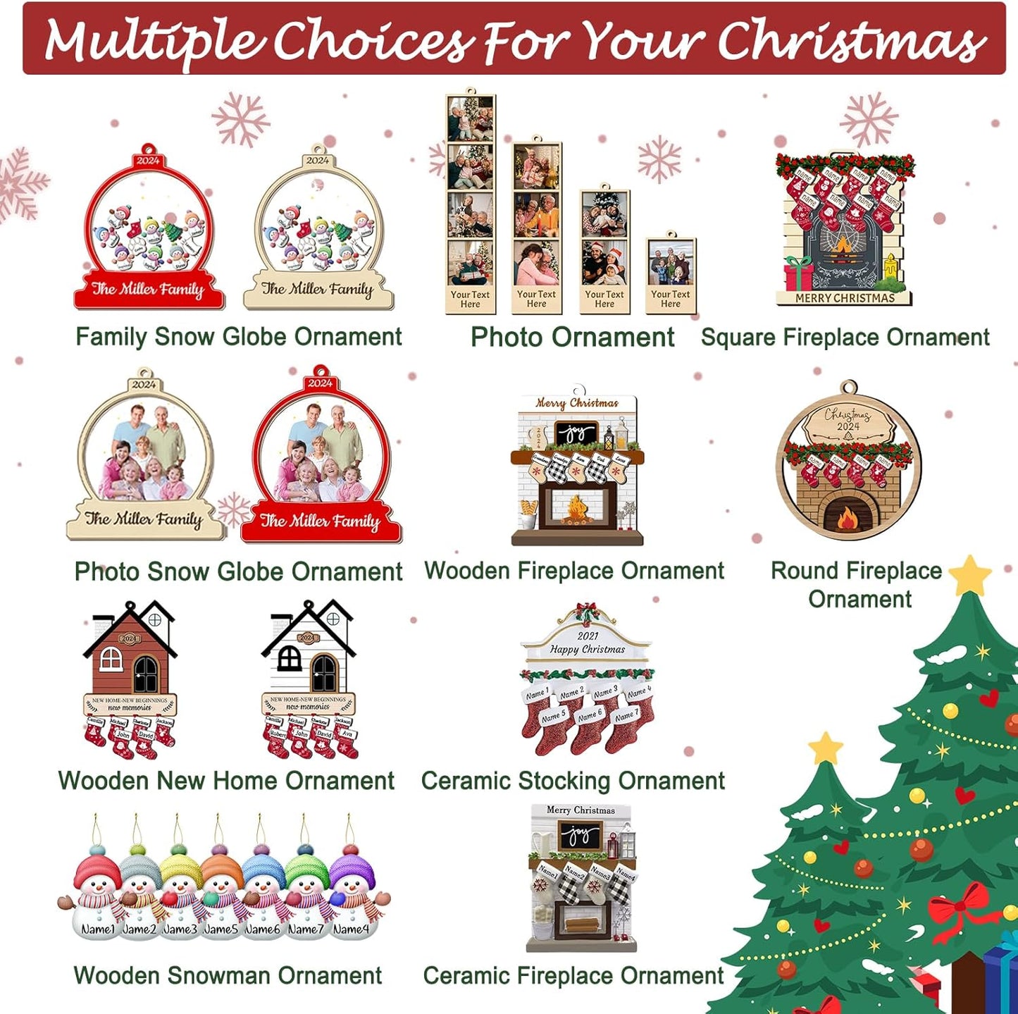 Personalized Deer Christmas Ornaments with Names of 2/3/4/5/6/7/8 Custom Reindeer Family Ornament Customized Xmas Tree Hanging Ceramic Decoration Gift