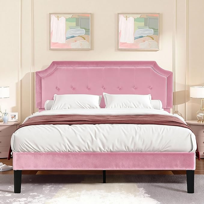 VECELO Queen Size Bed Frame with Velvet Upholstered Headboard, Platform Bedframe Mattress Foundation, Sturdy Wooden Slats Support,No Box Spring Needed Noise Free/Easy Assembly,Pink