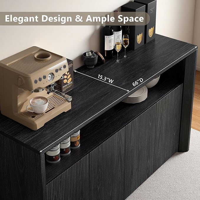 Feonase Buffet Cabinet with Storage & Led Lights, 66.2" Modern Sideboard Cabinet with 4 Doors & Shelves, Fluted Media Console Mid Century, Coffee Bar Table for Dining Room Kitchen, Dark Grey