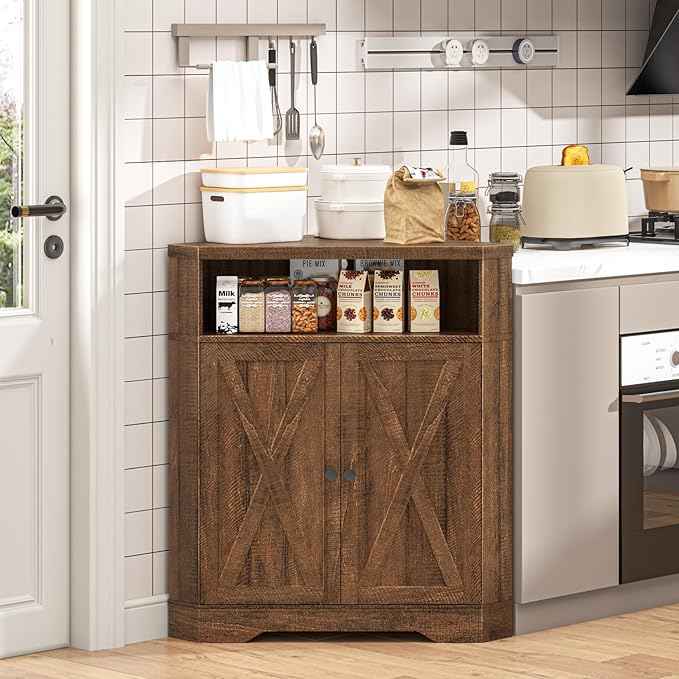 Vabches Corner Storage Cabinet, Small Corner Cabinet with USB Ports and Outlets Organizer, Barn Door Design and Adjustable Shelf, Living Room, Kitchen, Bathroom.Red-Brown