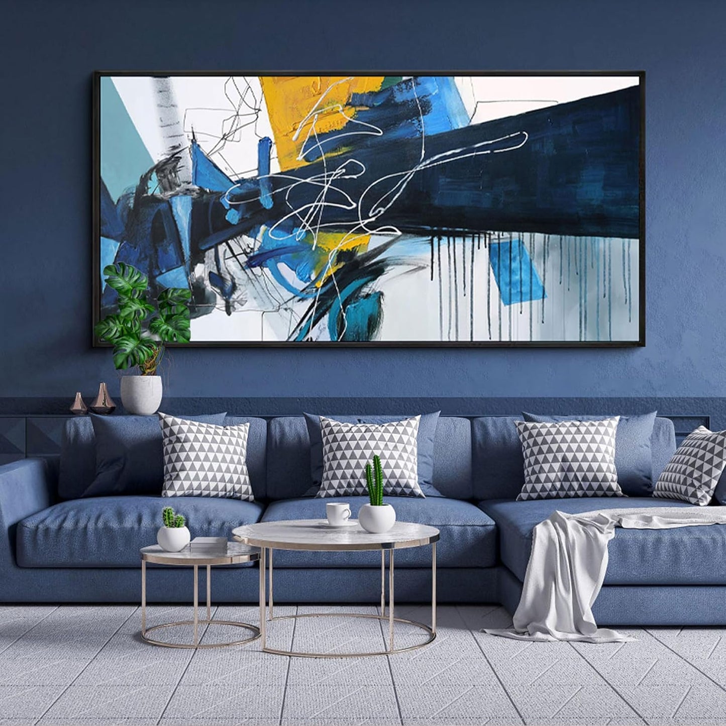 KLAKLA Modern Abstract Canvas Wall Art - Blue and white Framed Wall Decor Living Room Picture Artwork for Office Bedroom Decorative Paintings