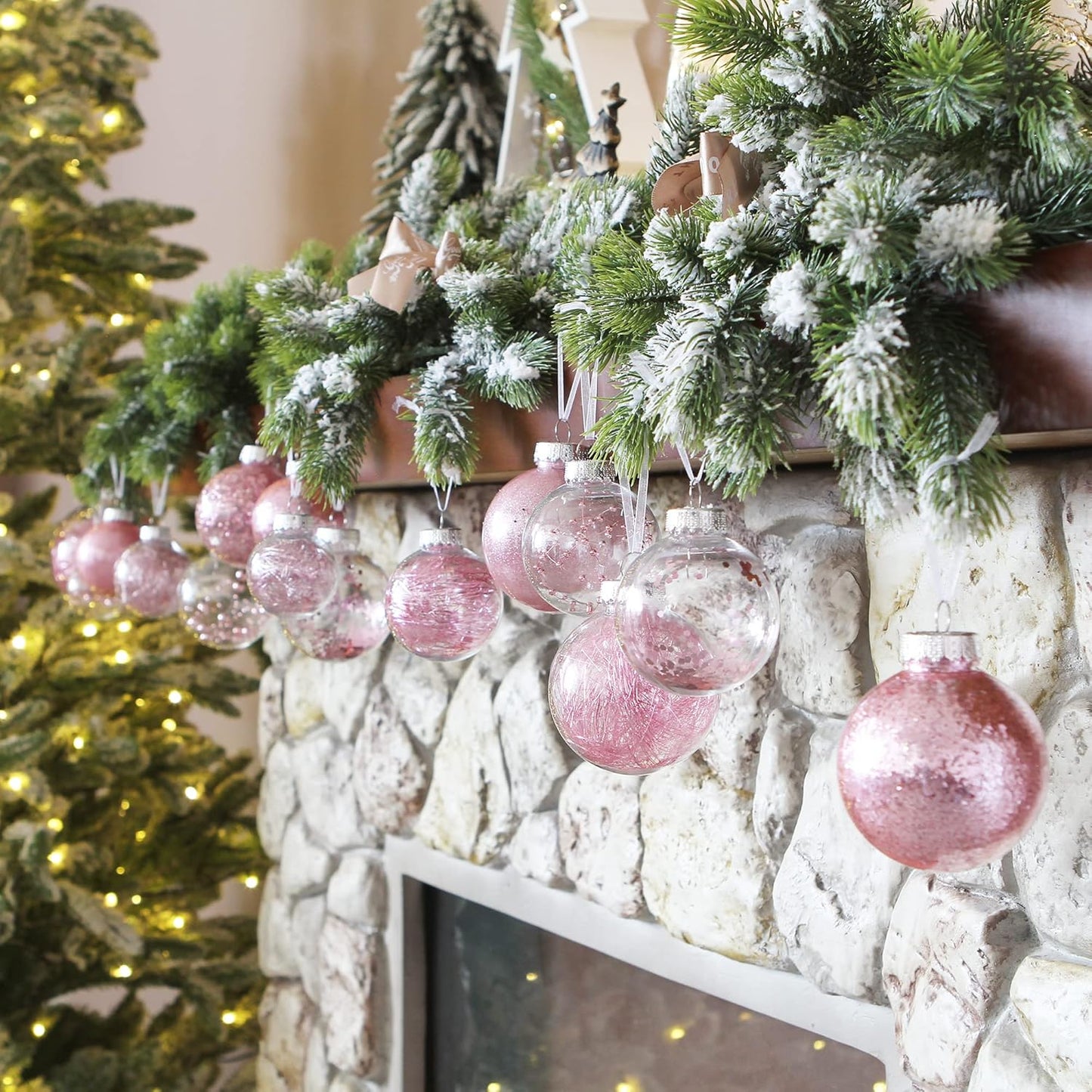 Sea Team Christmas Baubles Set of 48 Shatterproof Clear Plastic Christmas Baubles Multi-Size Decorative Baubles with Stuffed Delicate Decorations (48 Pieces, Pink)