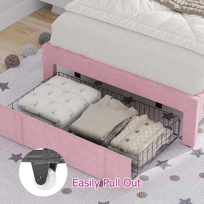VECELO Twin Size Bed Frame with Storage Drawer, Heavy-Duty Bedframe with Tufted Headboard & Wooden Slats & Steel Framework, No Box Spring Needed, Pink