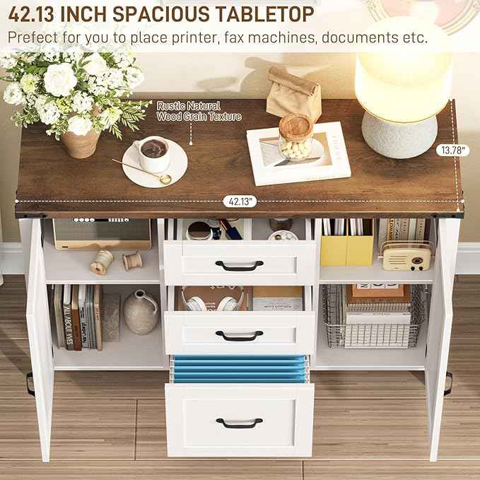 Vabches File Cabinet with 3 Drawers, Farmhouse Lateral File Cabinet Fits Files Letter/A4 Size, Wooden Filing Cabinet with Door and Adjustable Shelves Printer Stand for Home Office, Rustic White