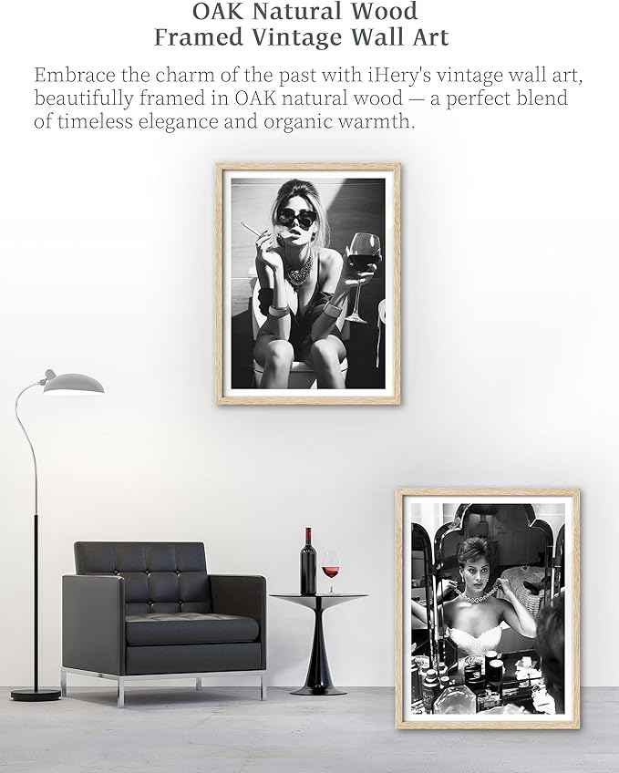 iHery Natural Wood Framed Woman Makeup Vintage Black White Fashion Wall Art,12x16in OAK Frame Photography Retro Poster for Bedroom Living Room Set of 1