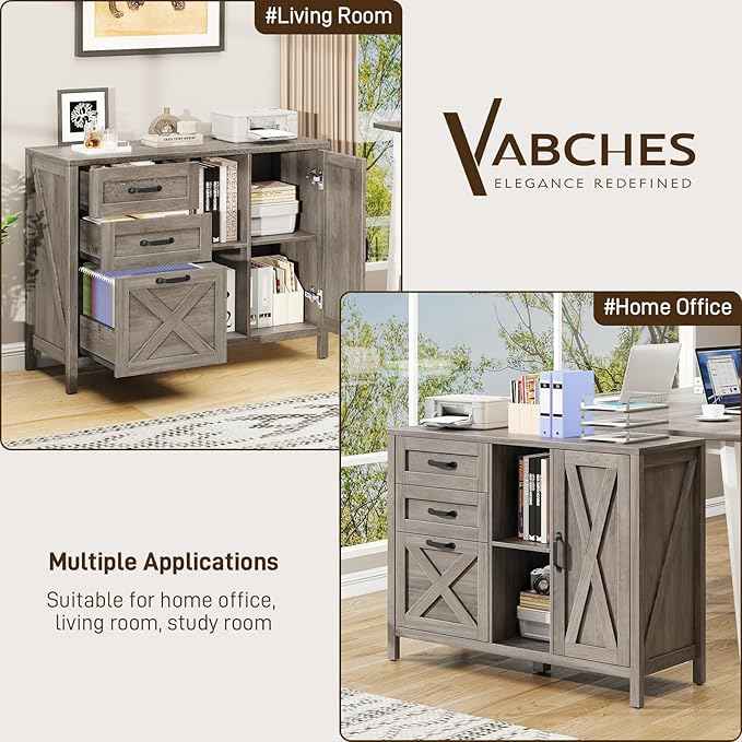 Vabches Lateral File Cabinet, Farmhouse 3 Drawer File Cabinet with Open Storage Shelf for Letter/Legal/A4 Size Hanging Files, Large Wood Storage Cabinets Printer Stand for Home Office, Grey