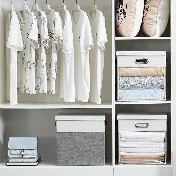 Fabric Storage Cubes with Clear Windows and Lids, 13'' Foldable Storage Bins with 3 Handles, Decorative Storage Boxes for Home, Bedroom, Closet, Office (Gray & White)