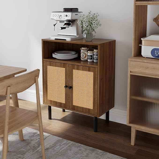 Rattan Storage Cabinet, Boho Accent Cabinet with Double Doors, Small Freestanding Sideboard for Hallway, Laundry Room,Kitchen, Dining Room, Entryway (Walnut)