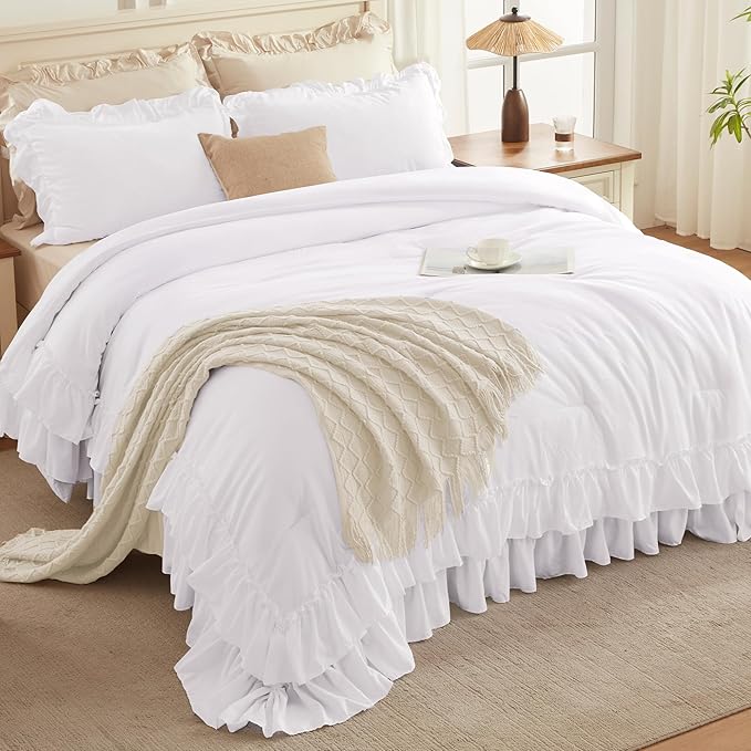 Andency Super King Ruffle Comforter Set, 3 Pieces Shabby Chic Farmhouse Bedding Set, Lightweight Soft Oversized King Comforter Set 120x120 for Girls Women (1 Comforter 2 Pillowcases), White