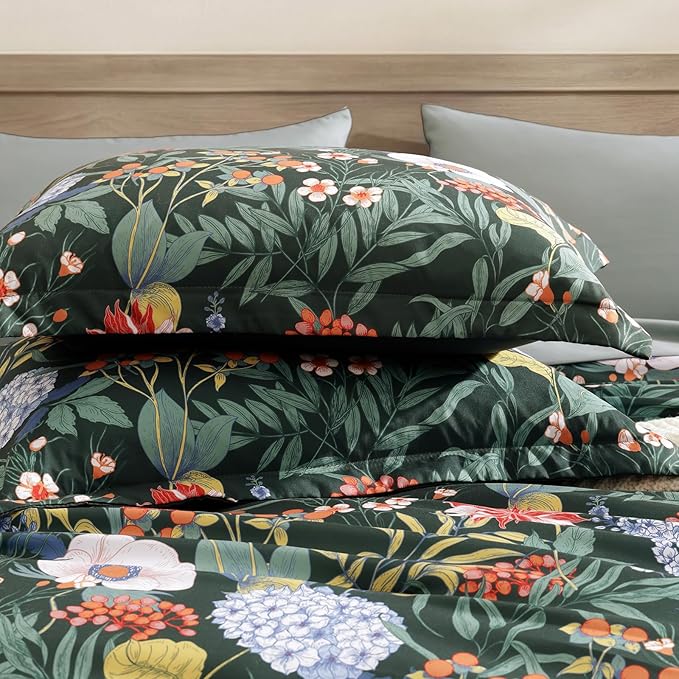 CASAAGUSTO King Size Comforter Set-7 Pieces Green Botanical Floral Bedding, Flowers Printed Design King Bed in a Bag with Botanical Flowers Comforter, Sheets, Pillowcases & Shams