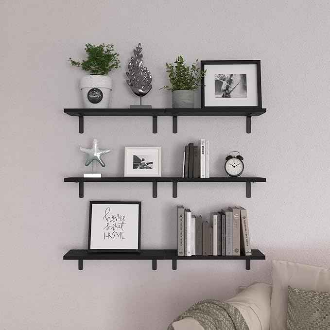 WOPITUES Wood Floating Shelves Set of 6, Shelves for Wall Decor, Farmhouse Shelf for Bedroom, Bathroom Storage Shelves, Book Shelves for Living Room-Black