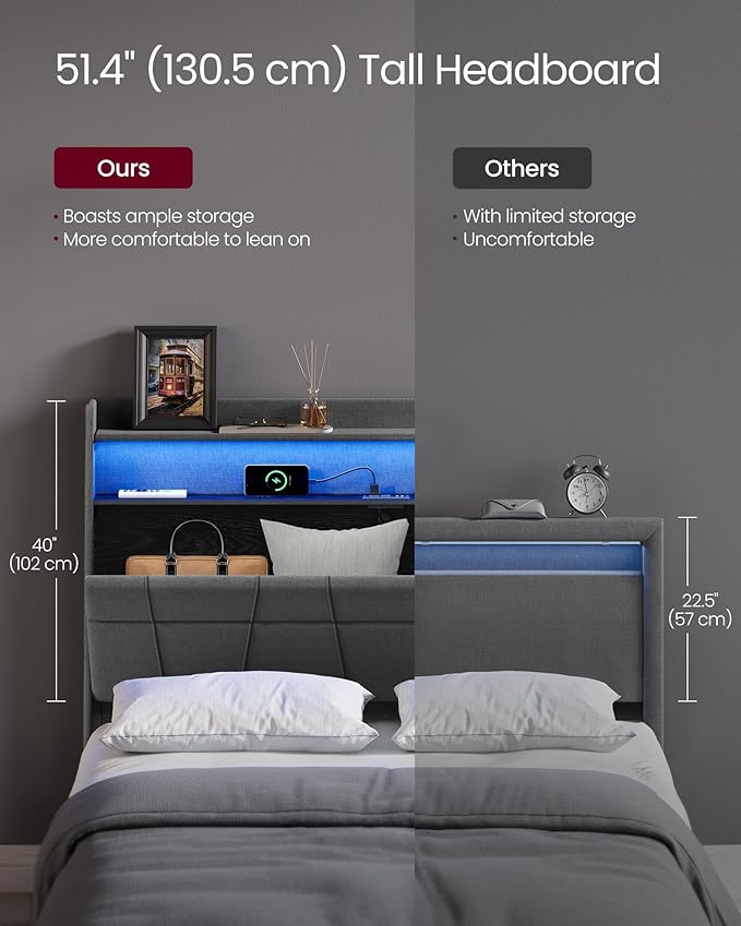 VASAGLE Queen Bed Frame with 51.4 Inch Tall Storage Headboard, Bed Frame Queen Size with 4 Storage Drawers on Wheels, LED Lights, Charging Station, No Box Spring Needed, Modern, Dark Gray URMB891G02