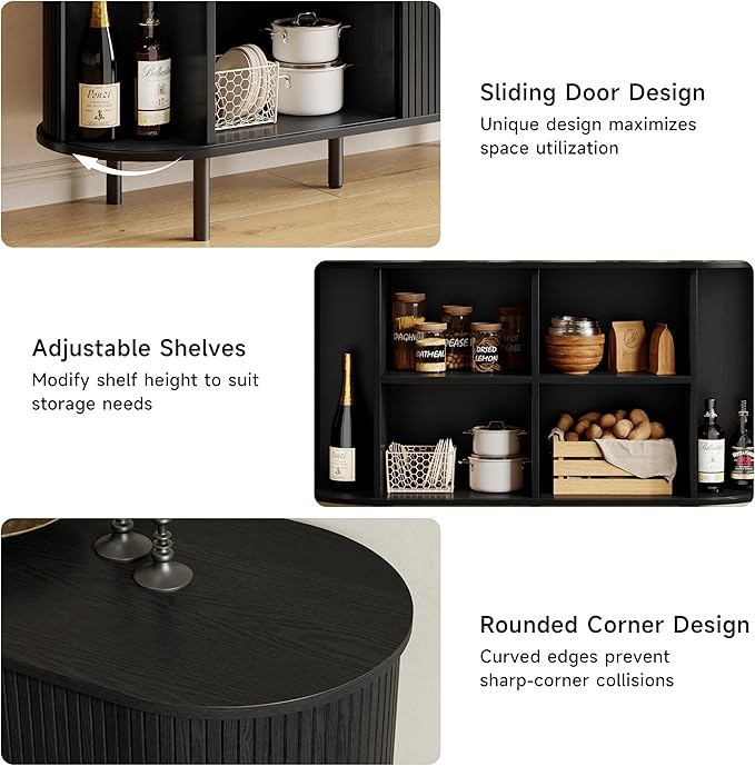 Buffet Sideboard Cabinet with Storage, 48" Fluted Cabinet with Sliding Door & Adjustable Shelf, Modern Accent Coffee Bar Console Table for Kitchen, Entryway, Black