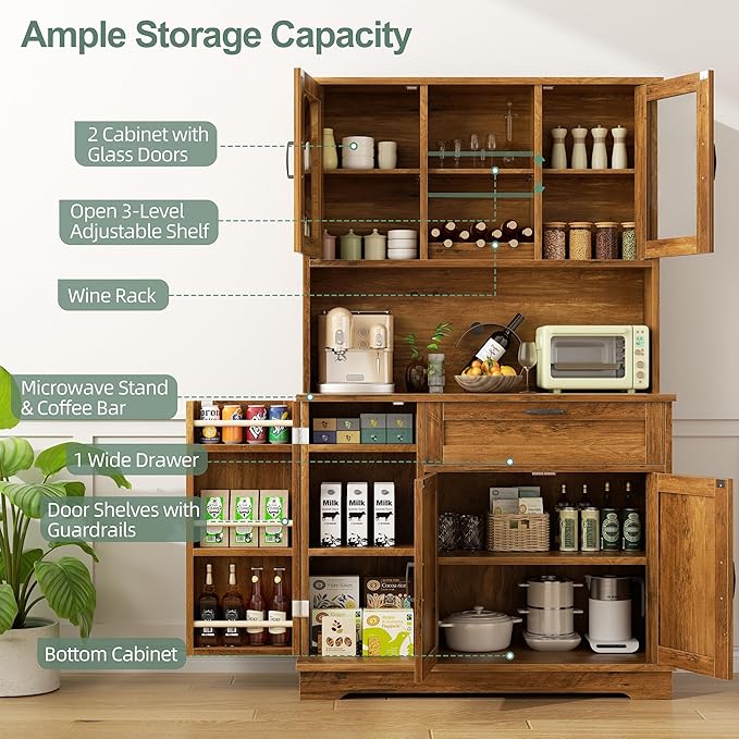 Shintenchi Kitchen Pantry Storage Cabinet, Freestanding Buffet Cabinet with Microwave Stand & 4 Door Shelves, Kitchen Hutch with Doors, Adjustable Shelves and Wine Rack, Brown