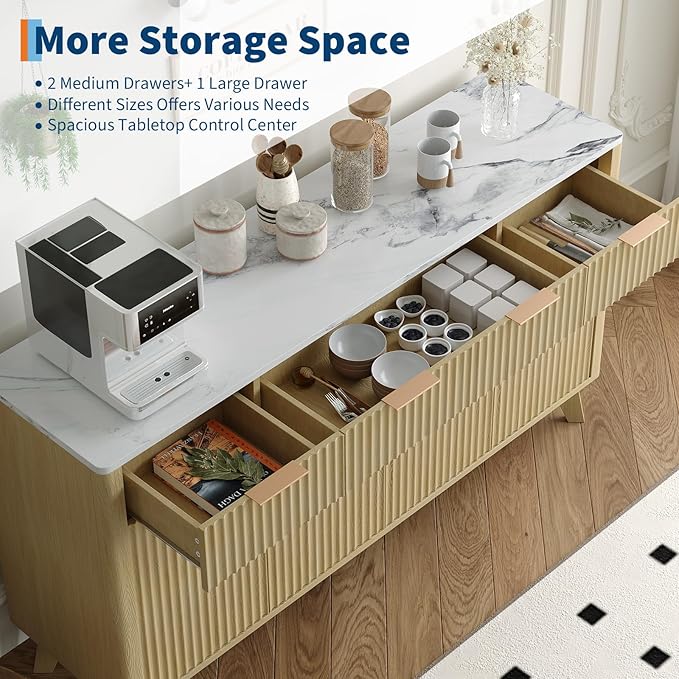 IDEALHOUSE 60" Large Farmhouse Sideboard Buffet Cabinet with Storage Drawers & Adjustable Shelves, Wood Fluted Buffet Storage Cabinet & Coffee Bar Console Table for Living Room & Kitchen Dining Room