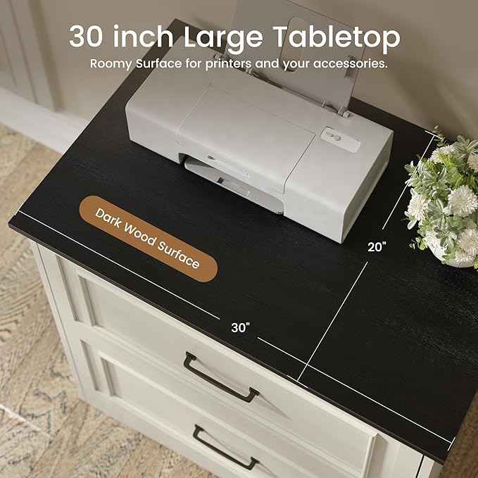 FEZIBO Farmhouse File Cabinet, 30" Lateral Filing Cabinet with 2 Drawers and Hanging Rods, Storage Wood Cabinet for Home Office, Living Room, Bedroom, Pure White