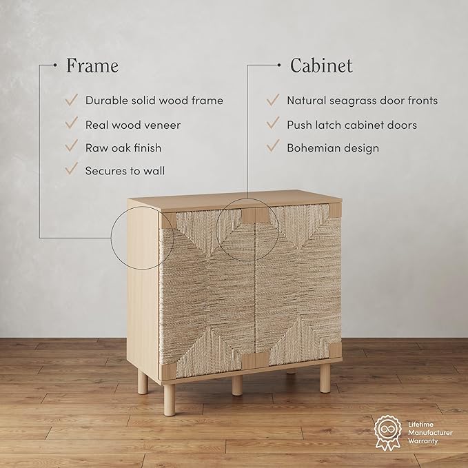 Nathan James Beacon Boho TV Stand, Free Standing Kitchen Cabinet Storage with Adjustable Interior Shelf and Seagrass Accent, Seagrass/Raw Oak, Set of 2