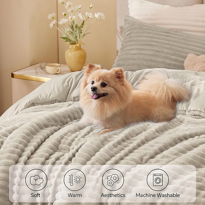 BEDELITE Fleece Queen Comforter Set -Super Soft & Warm Fluffy Linen Bedding, Luxury Fuzzy Heavy Bed Set for Winter with 2 Pillow Cases