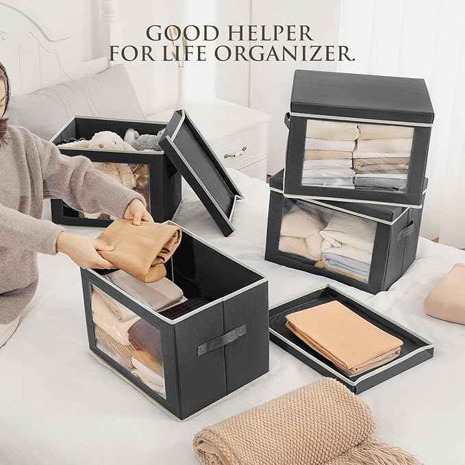 Stackable Storage Bins with Lids - Large Storage Box with Lids, Foldable Closet Boxes for Organizing, Wardrobe Clothes Organizer with Window, Cubes Bins for Living Room, 4 Pack, Dark Grey