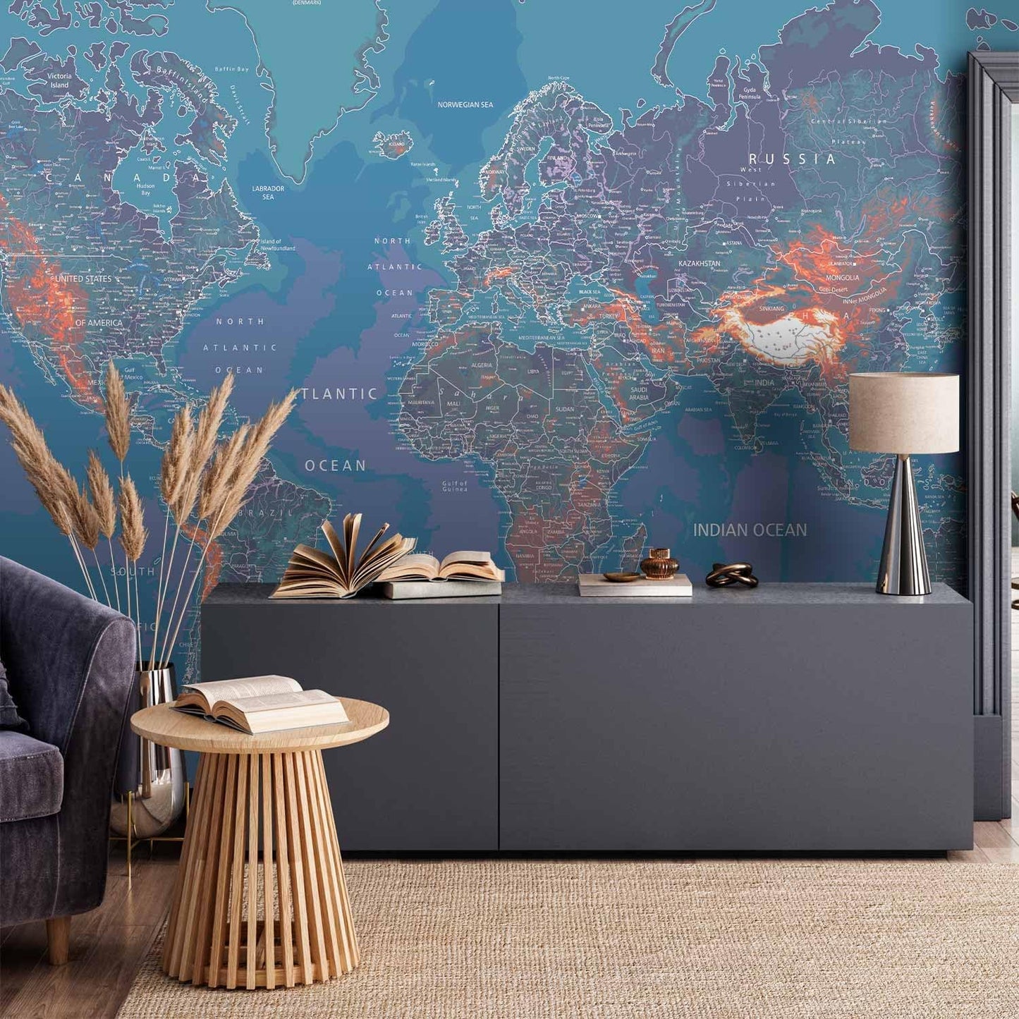 artgeist Premium Wall Mural World Map 177x124 in - XXL Non-Woven Wallpaper Fleece Wall Decor Photo Print Picture Image Design Home Map of The World k-A-0061-a-d