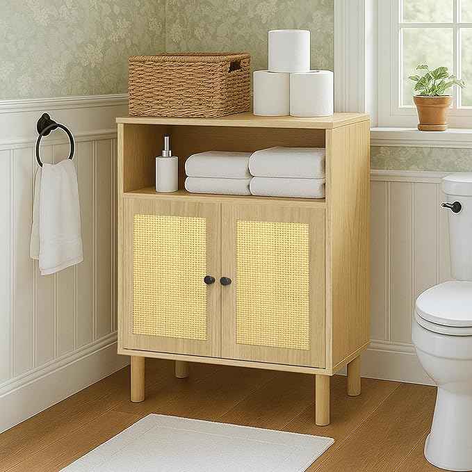 Rattan Storage Cabinet, Boho Accent Cabinet with Double Doors, Small Freestanding Sideboard for Hallway, Laundry Room,Kitchen, Dining Room, Entryway (Oak)