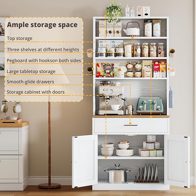 IRONCK Bakers Rack Microwave Stand Storage and Customizable Pegboard, 71" Farmhouse Coffee Bar Cabinet with Drawer, Barn Doors, Adjustable Shelves for Kitchen, Dining Room, White
