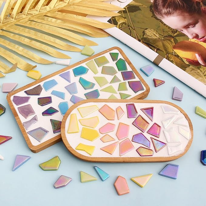 Youway Style Iridescent Cream Glass Mosaic Tiles for Crafs Bulk,200g Broken Stained Glass Pieces for Crafts DIY Mosaic Art Decor