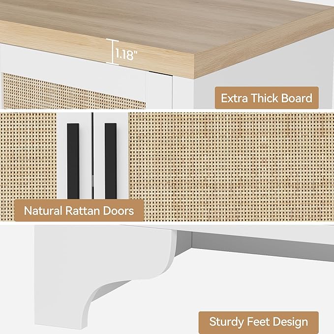 Garvee Natural Rattan Storage Cabinet with Shelves, 4-Door Sideboard Buffet Cabinet, Boho TV Stand Console Table for Living Room, Entryway, Dinning Room