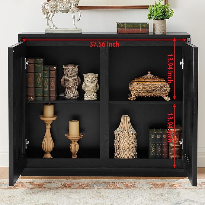 KEIKI 39" Mid Century Modern Fluted Hollowed Out Sideboard Cabinet with 2 Outlet Holes, Buffet Cabinet with Storage, Storage Cabinet for Living Room, Entryway, Hallway, Dining Room, Kitchen, Black