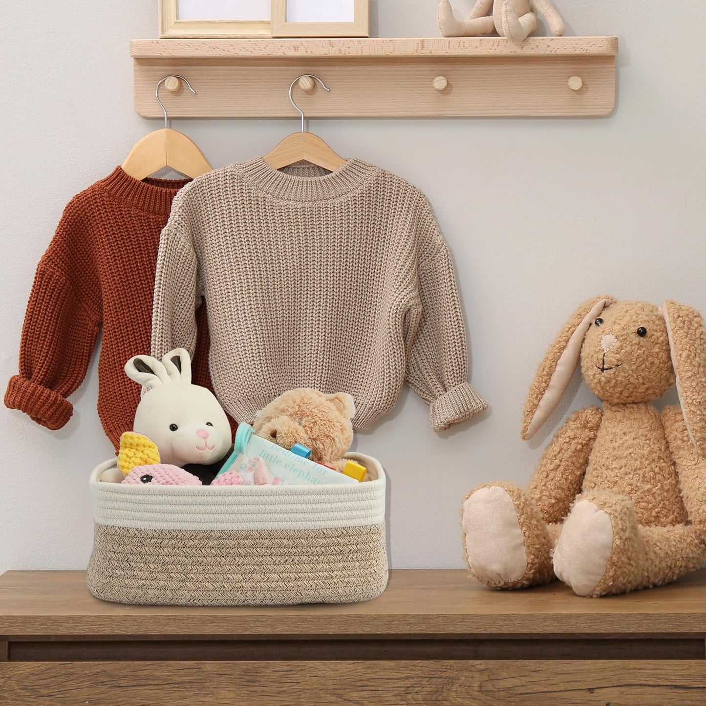 Small Woven Storage Baskets 12“X8”X5“ Decorative Rope Bins for Organizing Shelves, Closets, and Toys, Empty Gift Baskets, Cute Organizer Basket for Home and Office (white and brown regular)