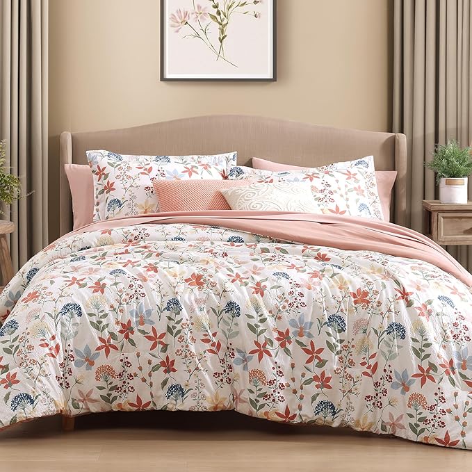 CASAAGUSTO King Comforter Set, 7 PCS Clay Pink Floral Comforter Set with Flowers Leaves Pattern, Soft Seersucker Design All Season King Size Bedding Set(102"X90")