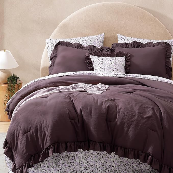 Oversized Queen Comforter Set - 7 Pieces Ruffle Dark Purple Bedding Sets, Shabby Chic Farmhouse Bed in a Bag with Ruffle Comforter, Floral Sheets, Pillowcases & Shams