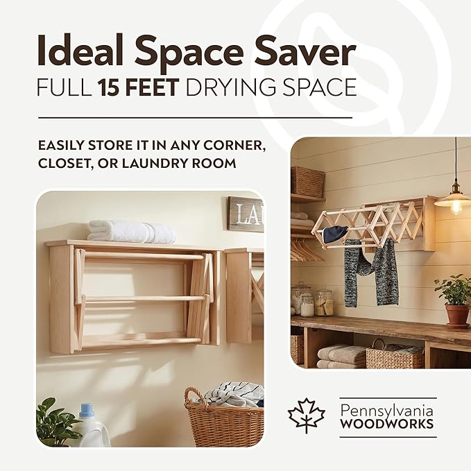 Pennsylvania Woodworks Extra Large Wall Clothes Drying Rack ~ Heavy Duty Solid Maple Hardwood, Folding, Collapses to 35" x 20" x 8", Hand Built in USA, Unfinished