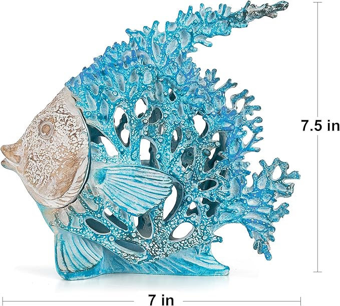 VVGIFTS Beach Coastal Decor Coral Reef Angelfish Home Office Desk Decor Sculpture Statue for Tabletop Shelf Bathroom Decoration Ornament Gift (Turquoise and Blue)