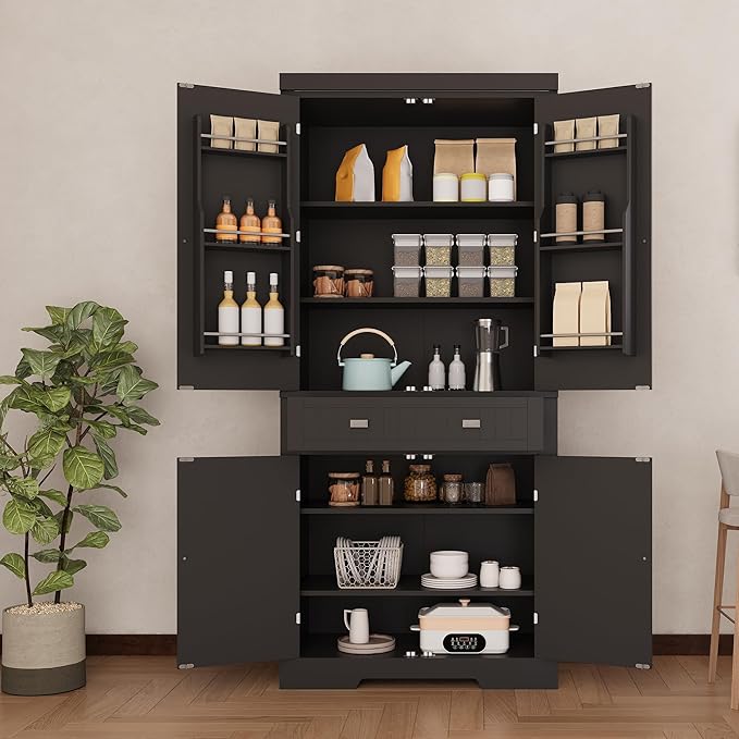 72" Tall Kitchen Pantry Cabinet with 6 Door Shelves, 2 Cabinets & 4 Adjustable Shelves, Freestanding Storage Cabinet for Kitchen, Living Room, Dining Room, Black