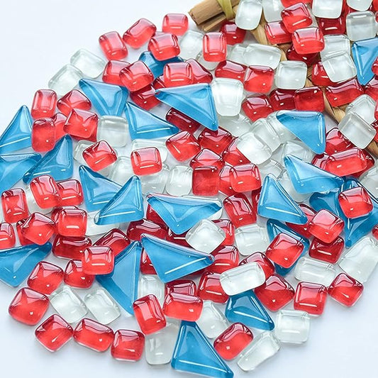 Mosaic Tiles Square Triangle Rectangle Glass Crystal Mosaic Glass Tile for Crafts Bulk DIY Picture Frames Handmade Jewelry Coasters Art Material Decoration,Irregular Size, 200g (Red Blue White Mix)