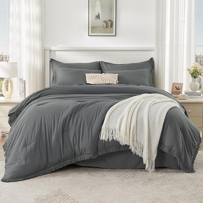 Andency Dark Grey Queen Size Comforter Set with Sheets - 7 Pieces Boho Tassel Bed in a Bag Soft Lightweight Bedding Sets, Dark Grey Fringe Bed Set with Comforter, Sheets, Pillowcases & Shams