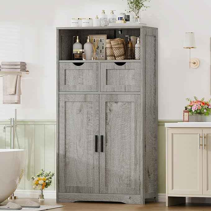 Iwell Storage Cabinet with 2 Drawers & 2 Adjustable Shelves, Kitchen Cabinet, Cupboard, for Living Room, Kitchen, Entryway, Home Office, Grey