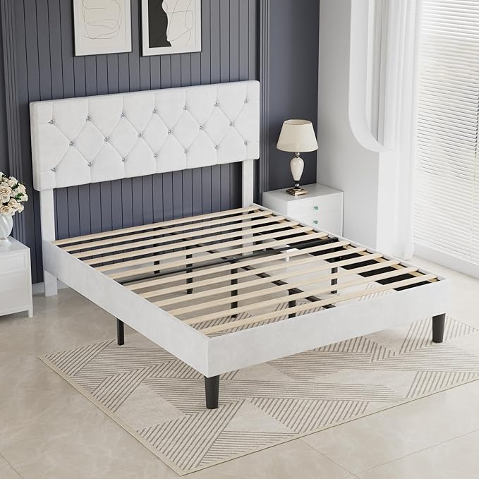 VECELO Queen Size Bed Frame with Diamond Tufted Headboard, Upholstered Platform Bedframe with Wood Slat Support, No Box Spring Needed, Velvet & White