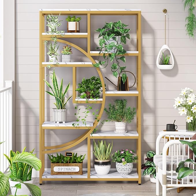 Tribesigns Bookshelf Industrial 5 Tier Etagere Bookcase, Freestanding Tall Bookshelves Display Shelf Storage Organizer with 9-Open Storage Shelf for Living Room, Bedroom, 2 Pack (Gold, 2 Pack)