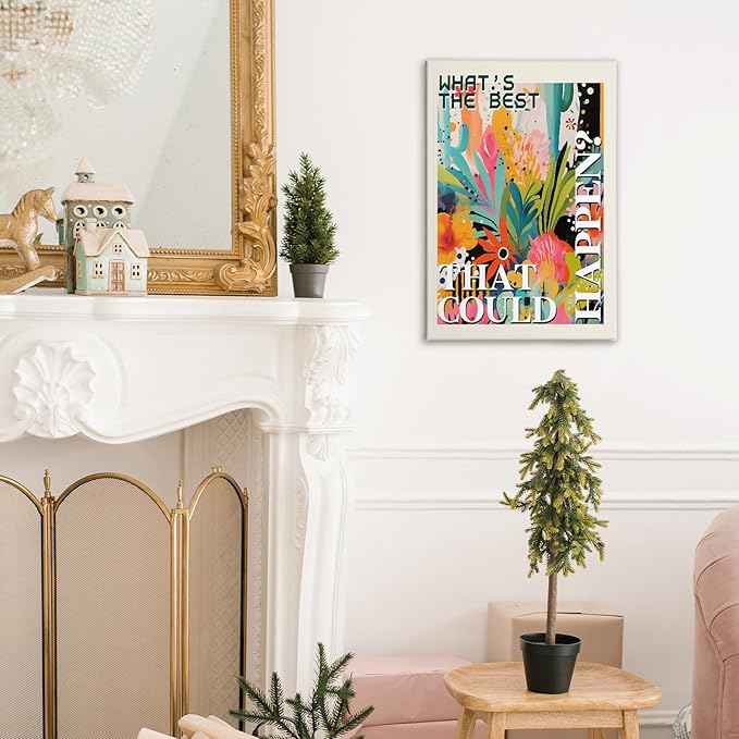 HIWX What's the Best That Could Happen Maximalist Floral Framed Canvas Painting Wall Art Decor, Funky Eclectic Botanical Inspirational Wall Art Home Decoration for Home Bedroom Room, 11x14