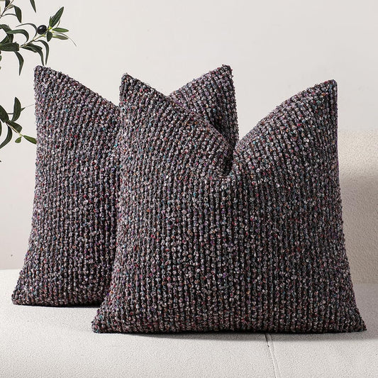 DEZENE Striped Throw Pillow Covers 18x18 Set of 2 Colorful Purple Textured Boucle Chic Morden Boho Accent Farmhouse Square Decorative Couch Pillow Covers for Home Decor Bed Sofa Living Room