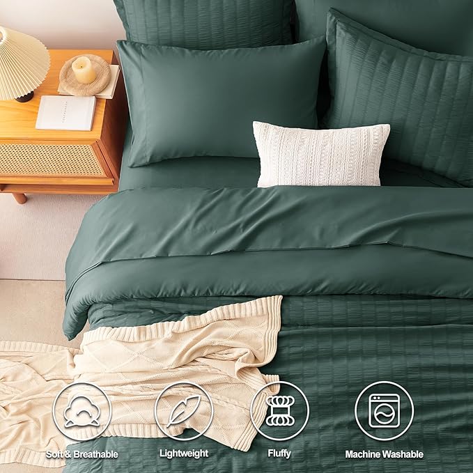 CozyLux Oversized King Comforter Set Forest Green Seersucker 7 Pieces 120x98 Bed in a Bag Comforter Set with Sheets, Luxury Bedding Sets with Down Alternative Comforter, Sheets, Pillowcases & Shams