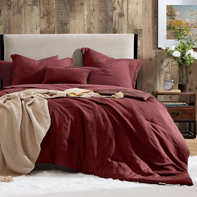 Geniospin Full Comforter Set - 7 Pieces Comforter Full Size, Solid Bedding Set for All Season, Dark Red Textured Bed in a Bag with Sheets