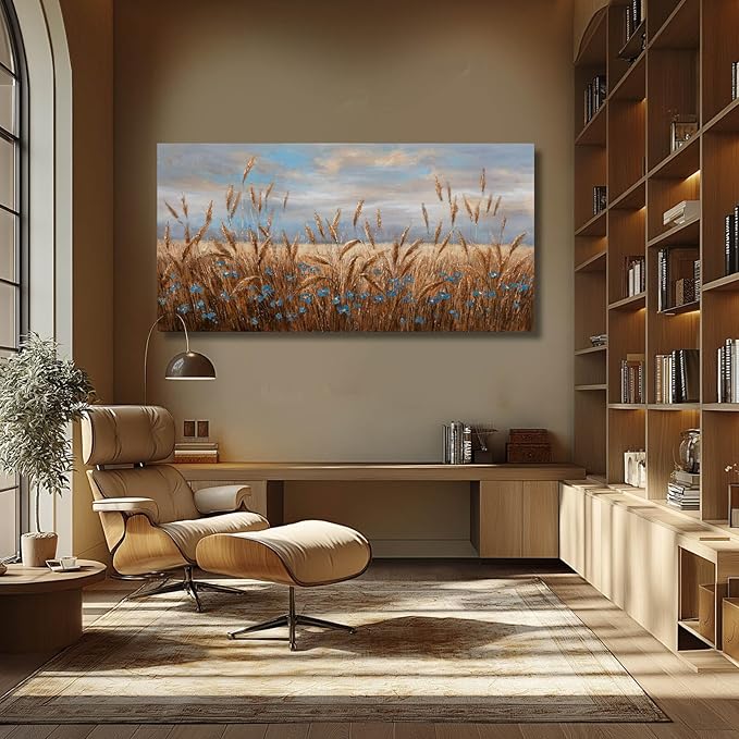 GAIDUOMAI Blue and Gold Pictures Rustic Wall Art Wheat Room Decor Floral Art Posters for Dining Room Big Painting for Living Room Kitchen 29x58 Inch