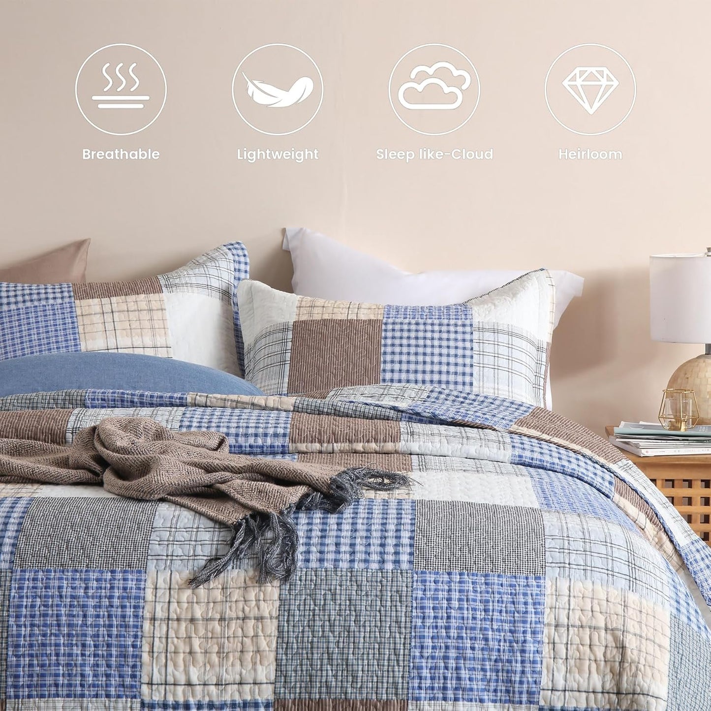 Secgo King Size Comforter Set- 100% Cotton Quilt King Size Set, Bule, Plaid bedspreads (96 * 108 Inch) with 2 Pillow Shams, Patchwork Reversible Lightweight Bedding