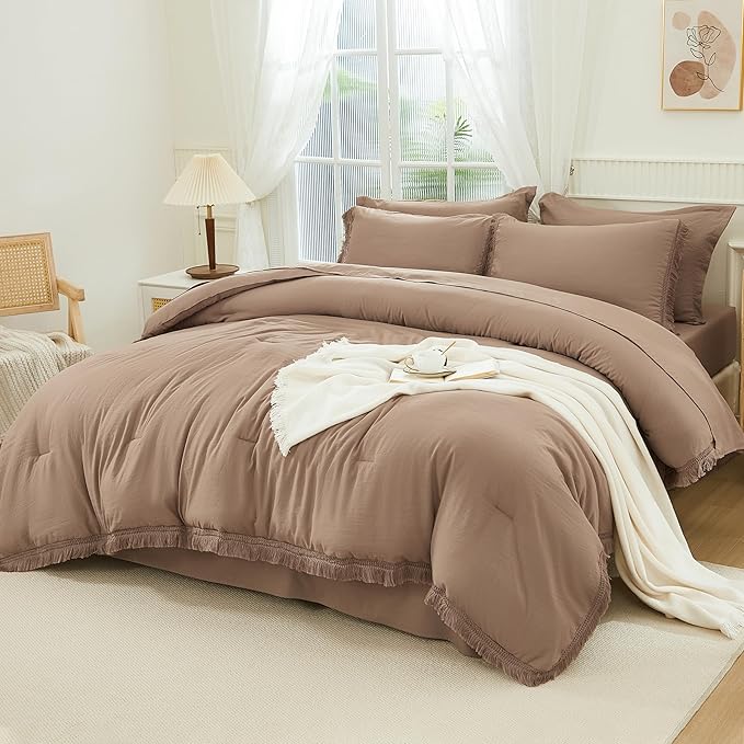 Andency Taupe Queen Size Comforter Set with Sheets - 7 Pieces Boho Tassel Bed in a Bag Soft Lightweight Bedding Sets, Taupe Fringe Bed Set with Comforter, Sheets, Pillowcases & Shams