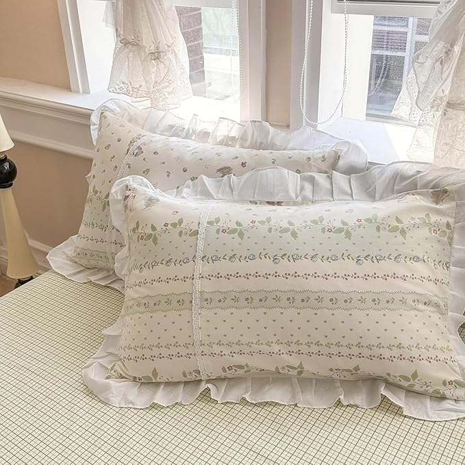 LifeTB Botanical Floral Comforter Set Full Size Cute Flower Leaves Rabbit Pattern Comforter Reversible Green Plaid Comforter Girls Princess Bedding Set Lace Ruffle Comforter Set for Kids Teen Girls