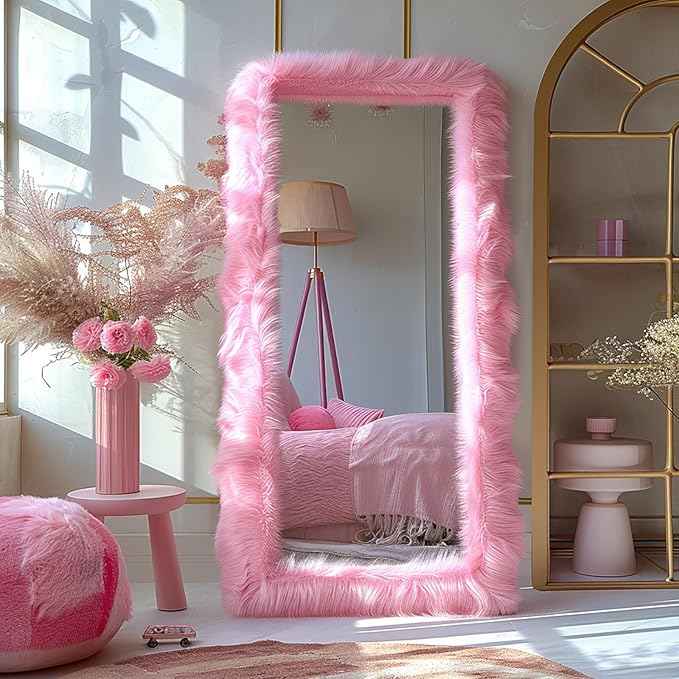 Full Length Mirror Free Standing Furry Faux Fur Framed Full Body Floor Mirror Wall Mounted Leaning Hanging Wall for Bedroom Hallway Entrance, 71"x32", Pink