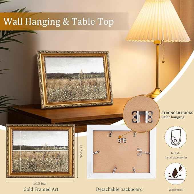 uniro Vintage Gold Framed Wall Art for Home Decor, Farmhouse Wall Decor Wildflower Field Landscape Canvas Artwork, Antique Landscape Oil Painting for Bedroom Wall Decor, Rustic Country Aesthetic Picture for Bathroom, Living Room, Desktop Decor - 12x16Inch